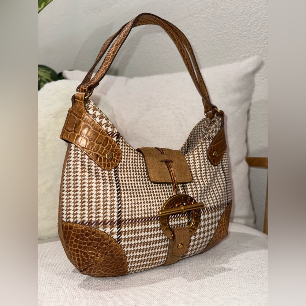‼️SOLD‼️Ralph Lauren Houndstooth Neutral Croc Leather Toggle Lock Hobo Bag Purse - Picture 7 of 16